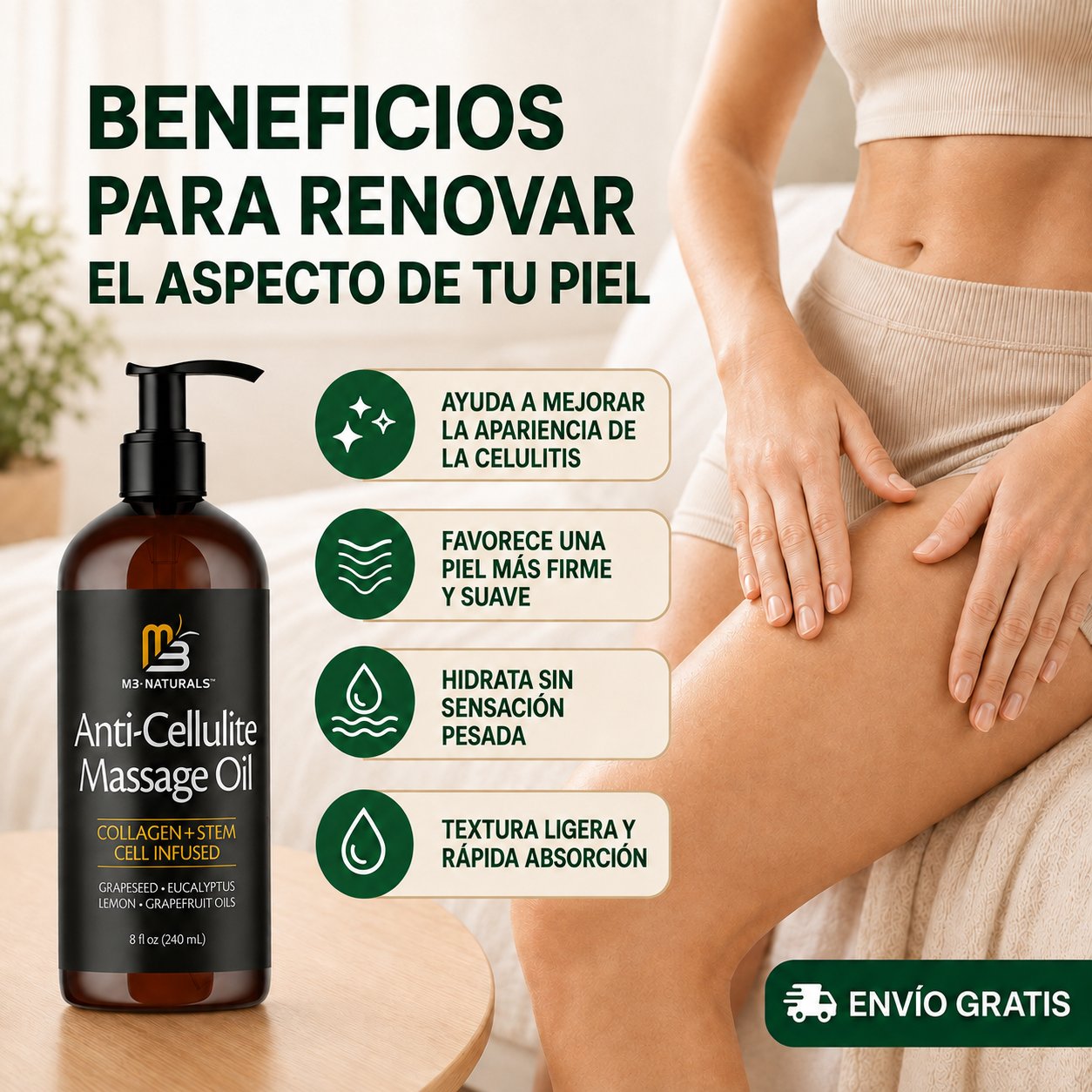 Aceite de masaje corporal reafirmante con colágeno para celulitis - 240ml