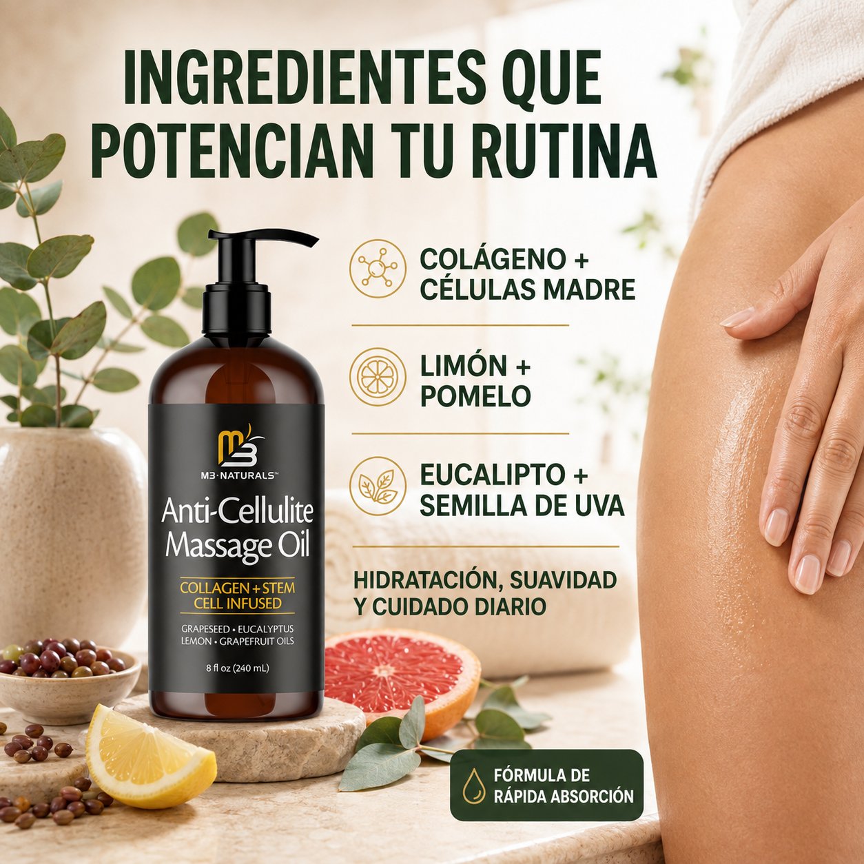 Aceite de masaje corporal reafirmante con colágeno para celulitis - 240ml